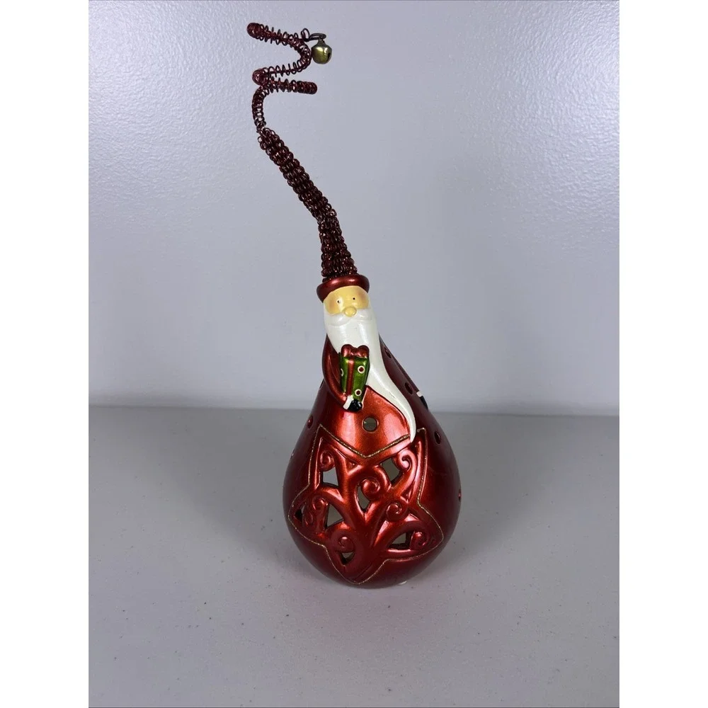 Pier 1 Santa Claus Tea Light Candle Holder Metallic Red Ceramic Figurine Bell